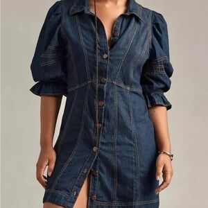 Anthropologie Puff-Sleeve Dark Blue Denim Mini Shirt Dress